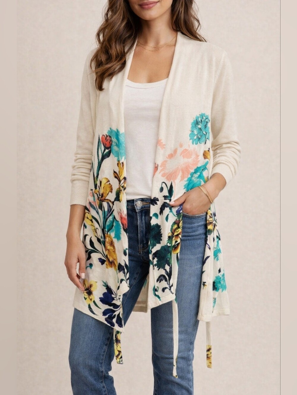 Moth by Anthropologie Women's Linen/Cotton Floral Cardigan with Belt XS